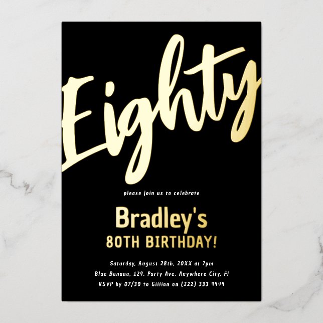 Luxury Gold 'Eighty' Adult Milestone 80th Birthday Foil Invitation (Front)