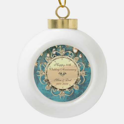 Luxury Gold Elegant Diamonds 50th Wedding Ceramic Ball Christmas Ornament