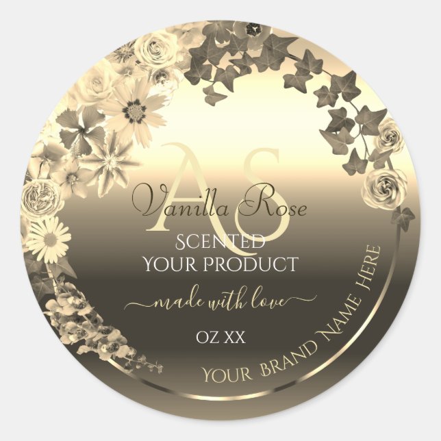 Luxury Gold Elegant Floral Product Labels Monogram (Front)