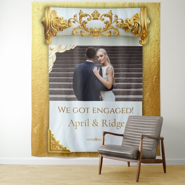Luxury Gold Engagement Party Backdrop Tapestry (In Situ)