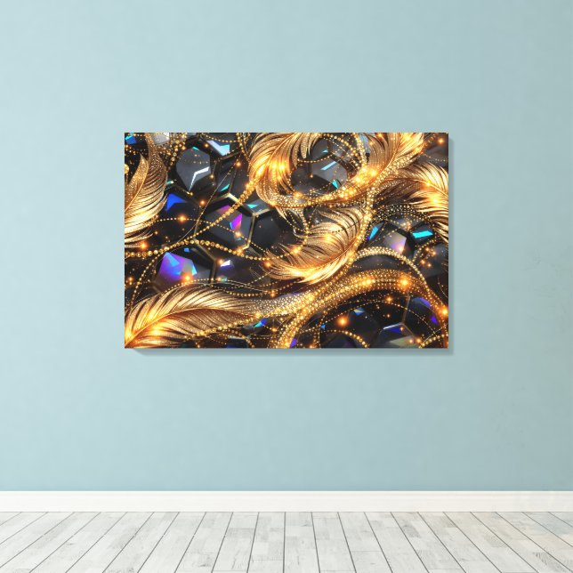 Luxury Gold Feathers and Gemstone Sparkle Pattern Canvas Print (Insitu(Wood Floor))