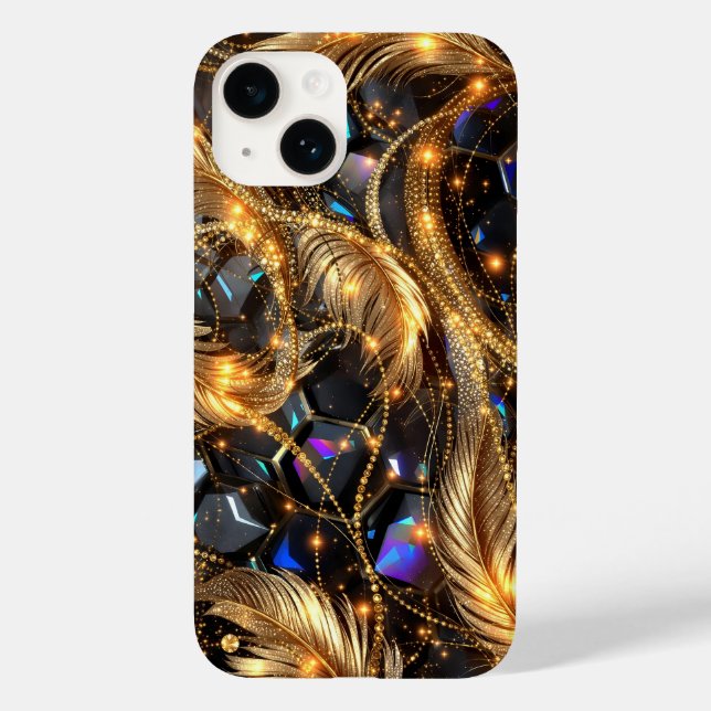 Luxury Gold Feathers and Gemstone Sparkle Pattern Case-Mate iPhone Case (Back)