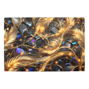 Luxury Gold Feathers and Gemstone Sparkle Pattern Metal Print