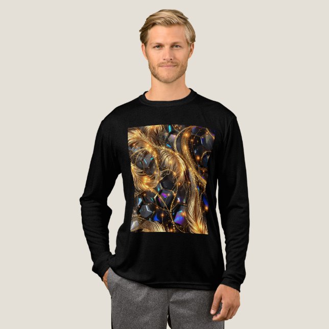 Luxury Gold Feathers and Gemstone Sparkle Pattern Tri-Blend Shirt (Full Front)