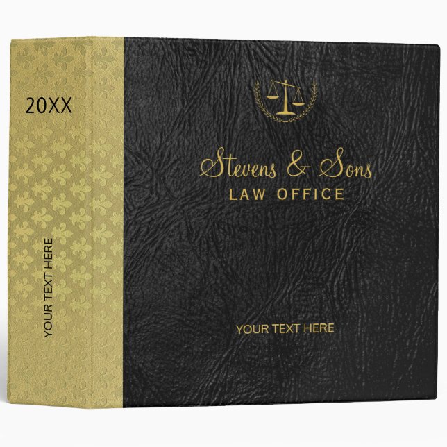 Luxury gold fleur de lis black leather lawyer 3 ring binder (Front/Spine)