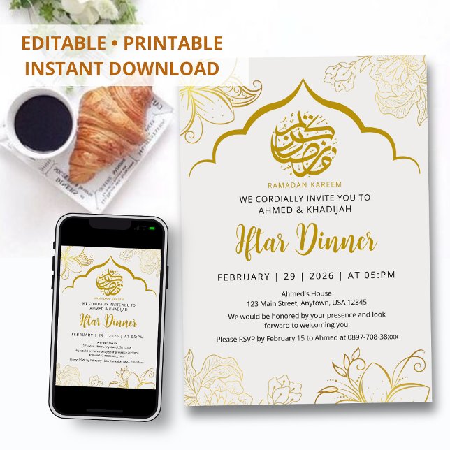 Luxury Gold Floral Arch Ramadan Iftar Invitation (Creator Uploaded)