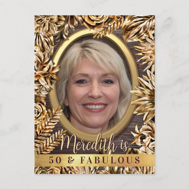    Luxury Gold Floral Custom Photo 50 And Fabulous Invitation Postcard (Front)