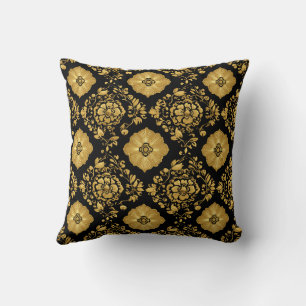 Luxury Gold Floral Damask Pattern On Black Throw Pillow