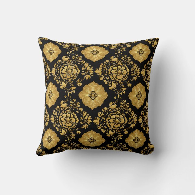 Luxury Gold Floral Damask Pattern On Black Throw Pillow (Back)