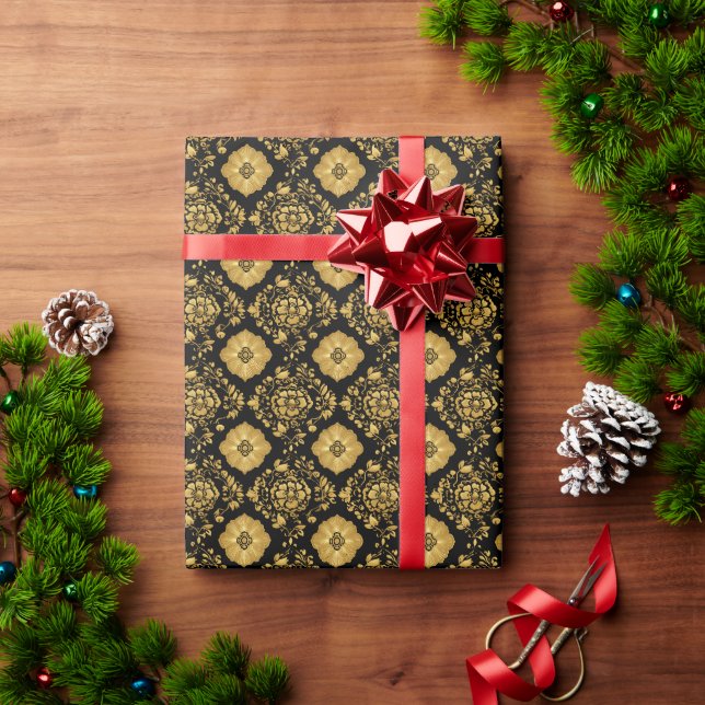 Luxury Gold Floral Damask Pattern On Black Wrapping Paper (Holiday Gift)