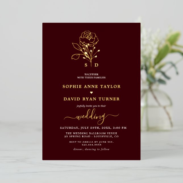 Luxury Gold Floral Deep Burgundy Monogram Wedding Foil Invitation (Standing Front)