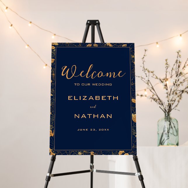 Luxury Gold Floral Frame Navy Blue Wedding Welcome Foam Board (In Situ (Stand))