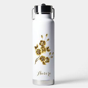Luxury Gold Floral Glitter Typography Water Bottle