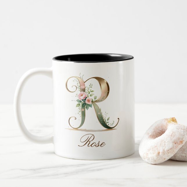 Luxury Gold Floral Initial R Two-Tone Coffee Mug (With Donut)