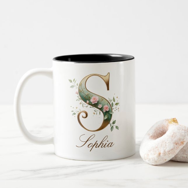 Luxury Gold Floral Initial S Two-Tone Coffee Mug (With Donut)
