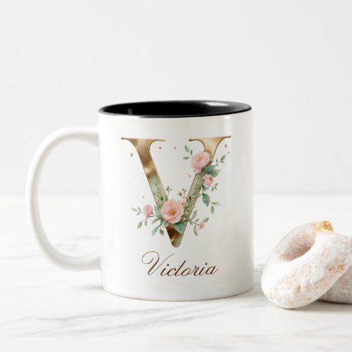 Luxury Gold Floral Initial V Two-Tone Coffee Mug