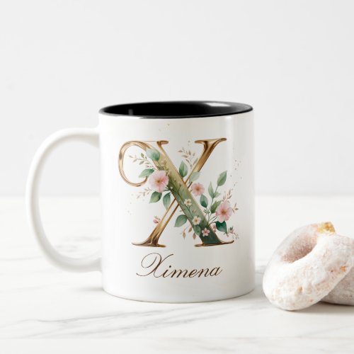 Luxury Gold Floral Initial X Two-Tone Coffee Mug