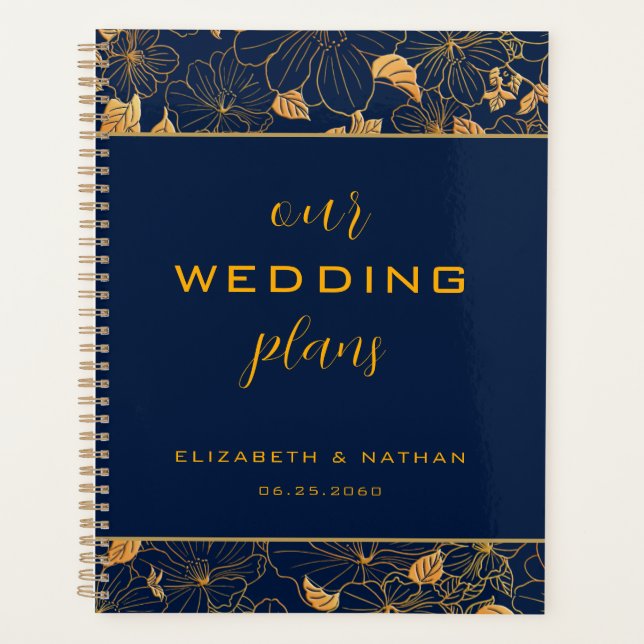 Luxury Gold Floral Navy Blue Wedding Planner (Front)