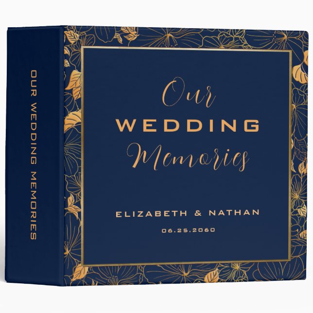 Luxury Gold Floral Navy Blue Wedding Quote 3 Ring Binder (Front/Spine)
