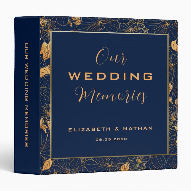 Luxury Gold Floral Navy Blue Wedding Quote 3 Ring Binder (Front/Spine)