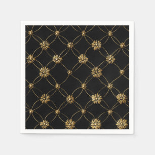 Luxury Gold Floral Pattern on a Black Background Napkins
