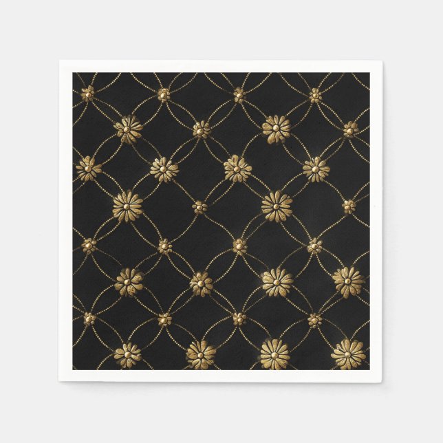 Luxury Gold Floral Pattern on a Black Background Napkins (Front)