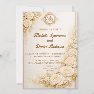 Luxury Gold Floral Wedding with Monogram Invitation