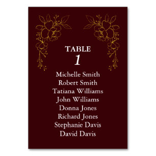 Luxury Gold Flowers Royal Deep Burgundy Wedding Table Number