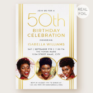 Luxury Gold Foil 50th Birthday Elegant White Photo Invitation