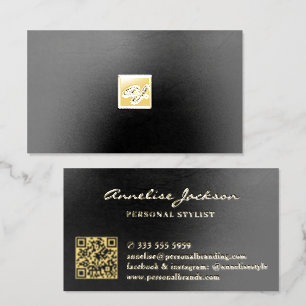 Luxury gold foil black leather QR code  Business Cards