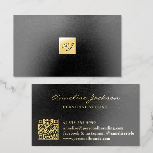 Luxury gold foil black leather QR code Business Cards