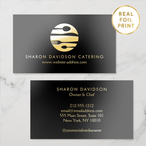 Luxury Gold Foil Catering Logo Black Business Cards