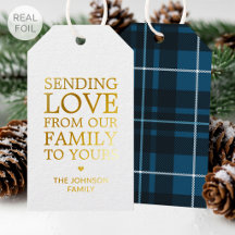 Luxury Gold Foil Christmas Plaid Family Name Blue