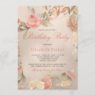 Luxury Gold Foil Coral Peach Floral Birthday Party Invitation