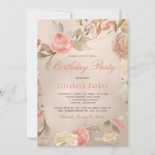 Luxury Gold Foil Coral Peach Floral Birthday Party Invitation