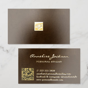 Luxury gold foil dark brown leather QR code  Business Cards