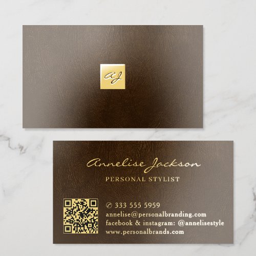 Luxury gold foil dark brown leather QR code  Business Cards