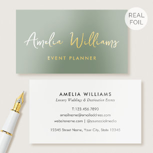 Luxury Gold Foil Elegant Script Minimalist Green Business Cards