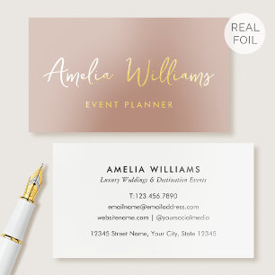 Luxury Gold Foil Elegant Script Minimalist Peach Business Cards