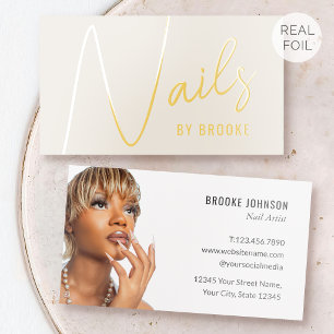 Luxury Gold Foil Elegant Script Nails Photo Cream Business Cards