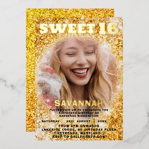 Luxury Gold Foil & Glitter Photo Sweet 16 Party Invitation