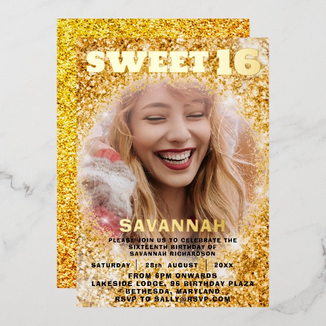 Luxury Gold Foil & Glitter Photo Sweet 16 Party Invitation (Front/Back)
