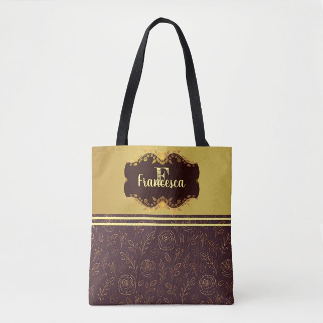 Luxury Gold Foil Glittery  Flowers Name Monogram  Tote Bag (Front)