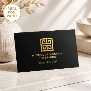 Luxury Gold Foil Greek Key Interior Designer Black Business Cards