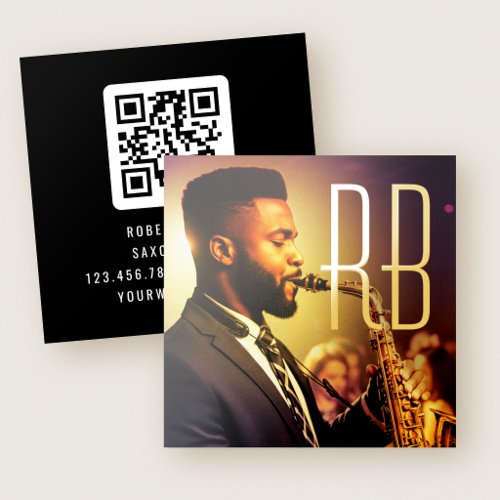 Luxury Gold Foil Monogram Photo QR Code Black Business Cards