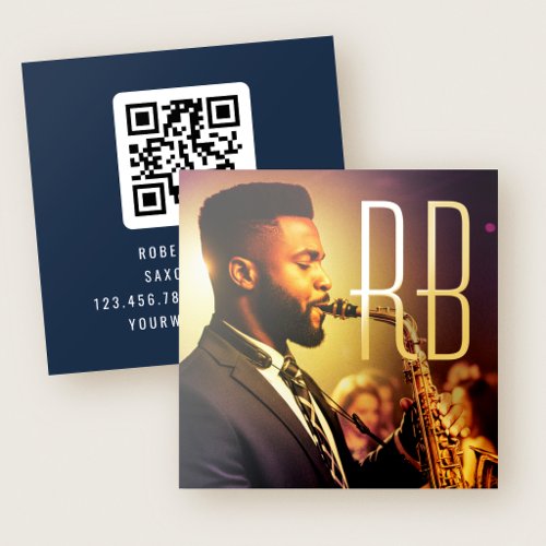 Luxury Gold Foil Monogram Photo QR Code Navy Business Cards