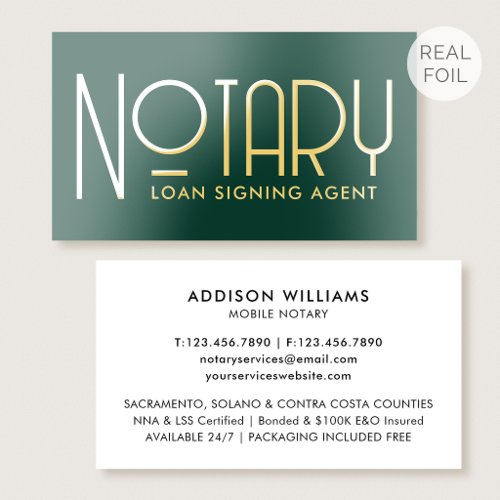 Luxury Gold Foil Notary Public Classic Dark Green Business Cards