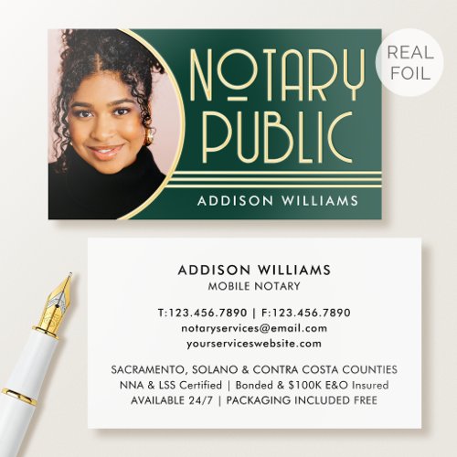 Luxury Gold Foil Notary Public Photo Dark Green Business Cards