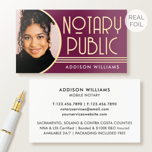 Luxury Gold Foil Notary Public Photo Pink Plum Business Cards