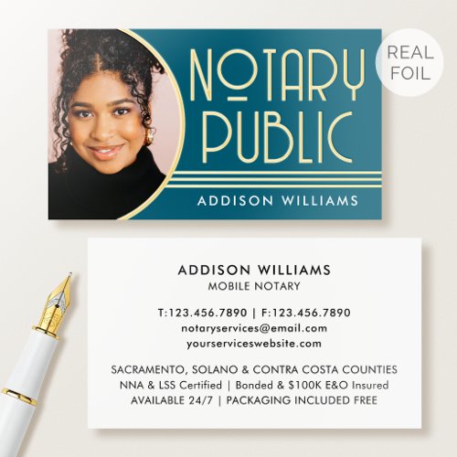 Luxury Gold Foil Notary Public Photo Teal Business Cards